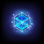 HUD energy box. Smart code. Big data. Digital chip. Glare grid lines. Glow 3D cubes. CPU core. Abstract technology background. Futuristic hi-tech science. Computer engineer. Blockchain network